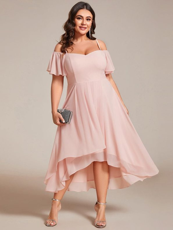 Spaghetti Strap Cold Shoulder Chiffon A-Line Midi Wedding Guest Dress - Pink