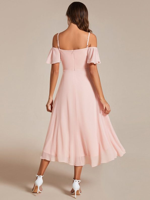 Spaghetti Strap Cold Shoulder Chiffon A-Line Midi Wedding Guest Dress - Pink