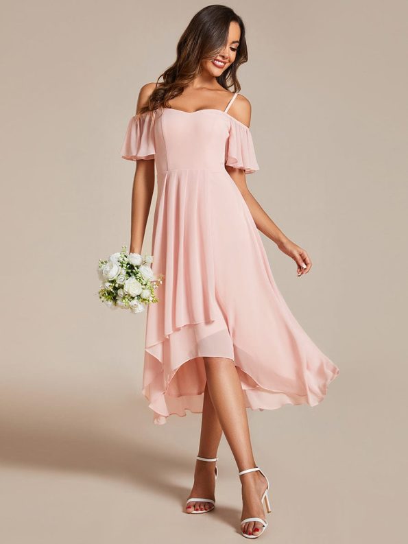 Spaghetti Strap Cold Shoulder Chiffon A-Line Midi Wedding Guest Dress - Pink