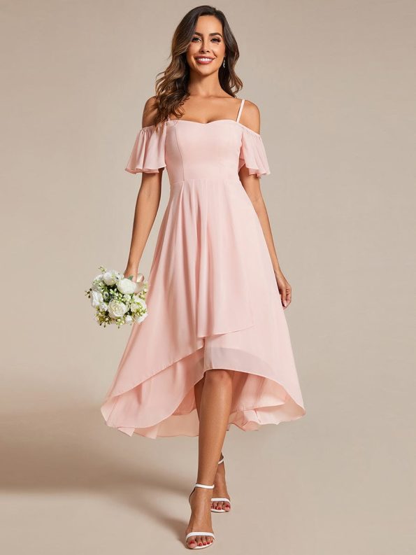 Spaghetti Strap Cold Shoulder Chiffon A-Line Midi Wedding Guest Dress - Pink