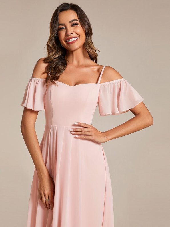 Spaghetti Strap Cold Shoulder Chiffon A-Line Midi Wedding Guest Dress - Pink