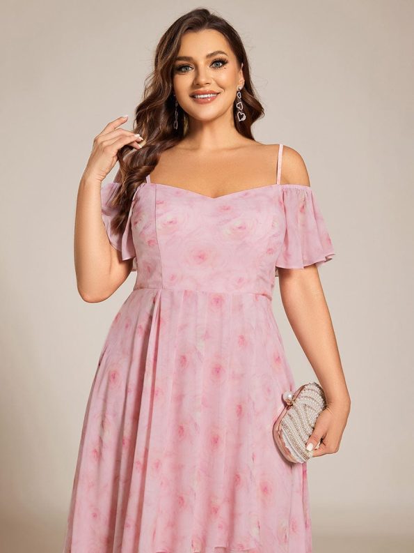 Spaghetti Strap Cold Shoulder Chiffon A-Line Midi Wedding Guest Dress - Light Purple Roses