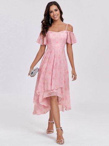 Spaghetti Strap Cold Shoulder Chiffon A-Line Midi Wedding Guest Dress - Light Purple Roses