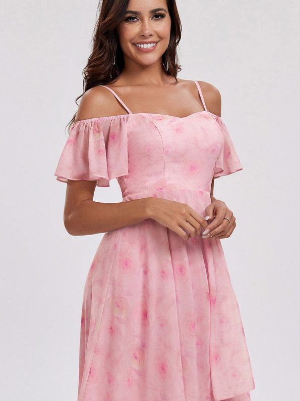 Spaghetti Strap Cold Shoulder Chiffon A-Line Midi Wedding Guest Dress - Light Purple Roses