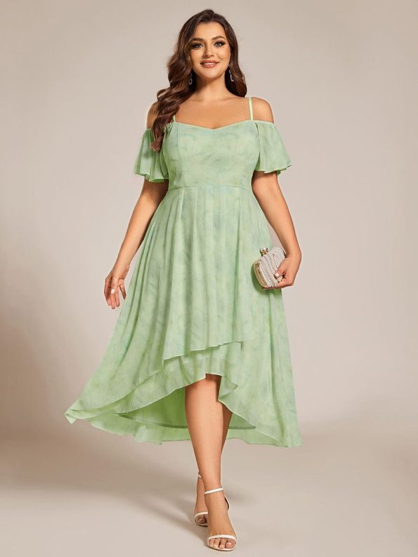 Spaghetti Strap Cold Shoulder Chiffon A-Line Midi Wedding Guest Dress - Light Green Roses