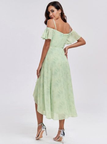 Spaghetti Strap Cold Shoulder Chiffon A-Line Midi Wedding Guest Dress - Light Green Roses