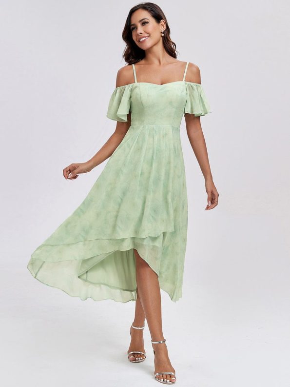 Spaghetti Strap Cold Shoulder Chiffon A-Line Midi Wedding Guest Dress - Light Green Roses