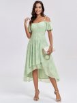 Spaghetti Strap Cold Shoulder Chiffon A-Line Midi Wedding Guest Dress – Light Green Roses