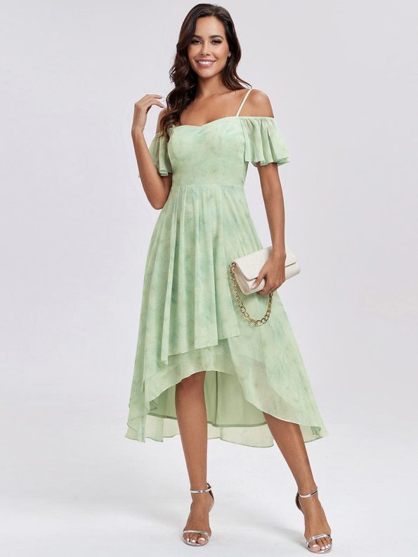 Spaghetti Strap Cold Shoulder Chiffon A-Line Midi Wedding Guest Dress - Light Green Roses