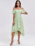 Spaghetti Strap Cold Shoulder Chiffon A-Line Midi Wedding Guest Dress - Light Green Roses