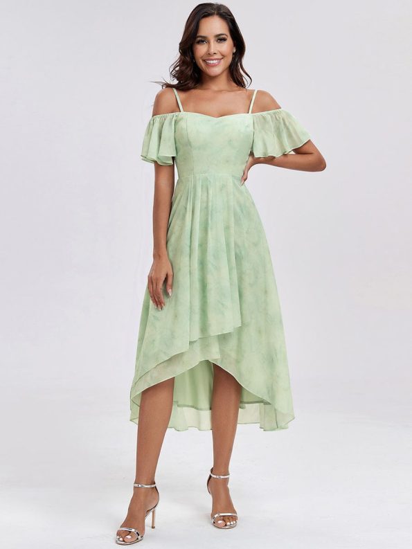 Spaghetti Strap Cold Shoulder Chiffon A-Line Midi Wedding Guest Dress - Light Green Roses