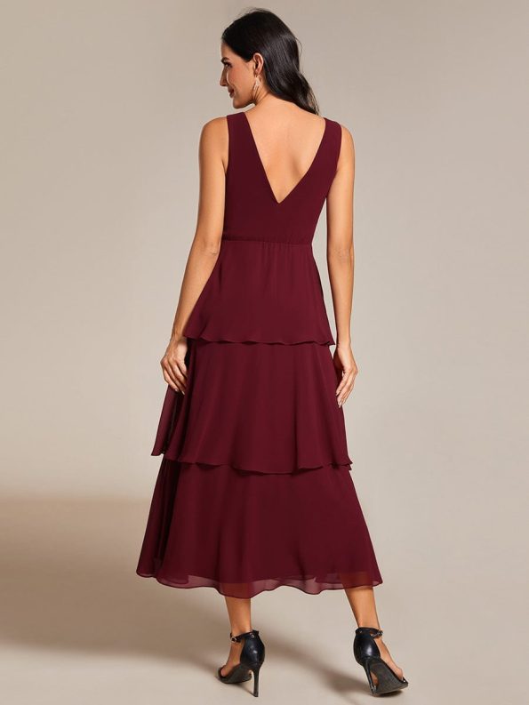 Sleeveless Tiered Hem V-Neck Chiffon Wedding Guest Dress - Burgundy