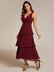 Sleeveless Tiered Hem V-Neck Chiffon Wedding Guest Dress – Burgundy