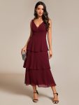 Sleeveless Tiered Hem V-Neck Chiffon Wedding Guest Dress – Burgundy