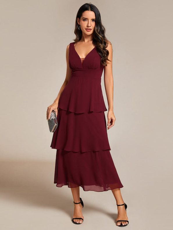 Sleeveless Tiered Hem V-Neck Chiffon Wedding Guest Dress - Burgundy