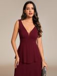 Sleeveless Tiered Hem V-Neck Chiffon Wedding Guest Dress – Burgundy