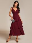 Sleeveless Tiered Hem V-Neck Chiffon Wedding Guest Dress – Burgundy