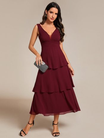 Sleeveless Tiered Hem V-Neck Chiffon Wedding Guest Dress - Burgundy