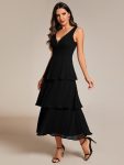 Sleeveless Tiered Hem V-Neck Chiffon Wedding Guest Dress - Black