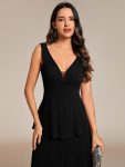 Sleeveless Tiered Hem V-Neck Chiffon Wedding Guest Dress – Black