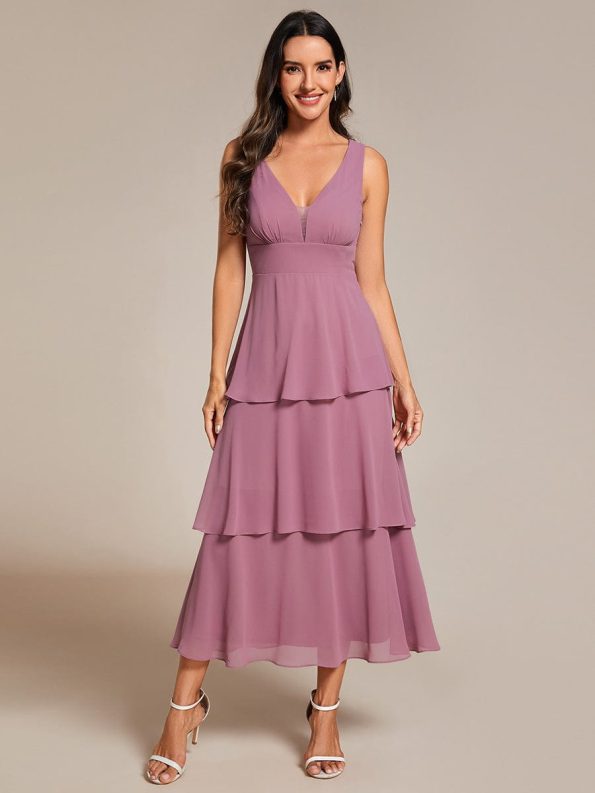 Sleeveless Tiered Hem V-Neck Chiffon Wedding Guest Dress - Purple Orchid