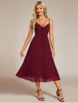 Midi Tiered Pleated V-Neck Wedding Guest Dress Featuring Spaghetti Straps – Burgundy