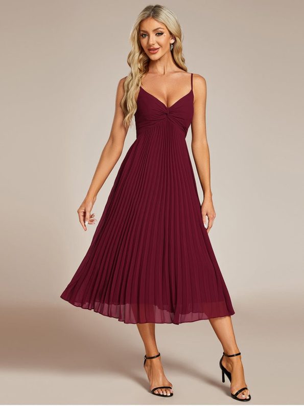 Midi Tiered Pleated V-Neck Wedding Guest Dress Featuring Spaghetti Straps - Burgundy