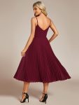 Midi Tiered Pleated V-Neck Wedding Guest Dress Featuring Spaghetti Straps – Burgundy