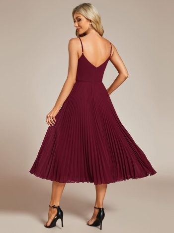 Midi Tiered Pleated V-Neck Wedding Guest Dress Featuring Spaghetti Straps - Burgundy