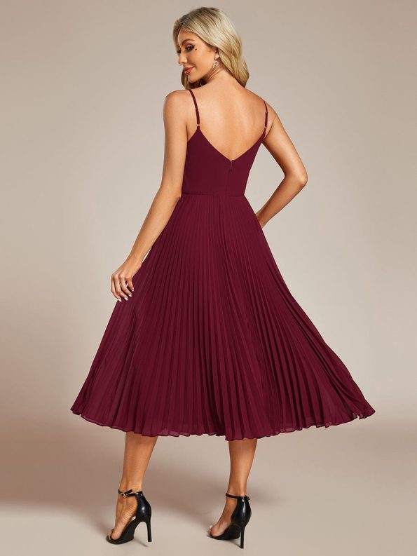 Midi Tiered Pleated V-Neck Wedding Guest Dress Featuring Spaghetti Straps - Burgundy