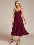 Midi Tiered Pleated V-Neck Wedding Guest Dress Featuring Spaghetti Straps – Burgundy