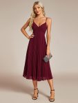 Midi Tiered Pleated V-Neck Wedding Guest Dress Featuring Spaghetti Straps – Burgundy