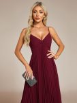 Midi Tiered Pleated V-Neck Wedding Guest Dress Featuring Spaghetti Straps – Burgundy