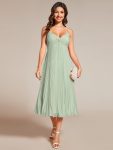 Midi Tiered Pleated V-Neck Wedding Guest Dress Featuring Spaghetti Straps – Mint Green