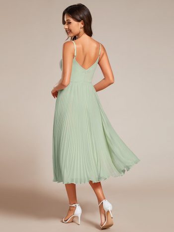 Midi Tiered Pleated V-Neck Wedding Guest Dress Featuring Spaghetti Straps - Mint Green