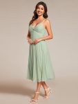 Midi Tiered Pleated V-Neck Wedding Guest Dress Featuring Spaghetti Straps – Mint Green