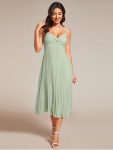 Midi Tiered Pleated V-Neck Wedding Guest Dress Featuring Spaghetti Straps – Mint Green