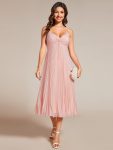 Midi Tiered Pleated V-Neck Wedding Guest Dress Featuring Spaghetti Straps – Pink