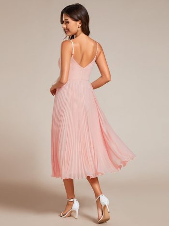 Midi Tiered Pleated V-Neck Wedding Guest Dress Featuring Spaghetti Straps - Pink