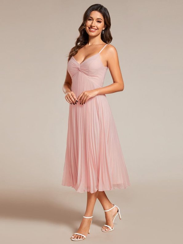 Midi Tiered Pleated V-Neck Wedding Guest Dress Featuring Spaghetti Straps - Pink