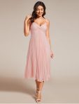 Midi Tiered Pleated V-Neck Wedding Guest Dress Featuring Spaghetti Straps – Pink