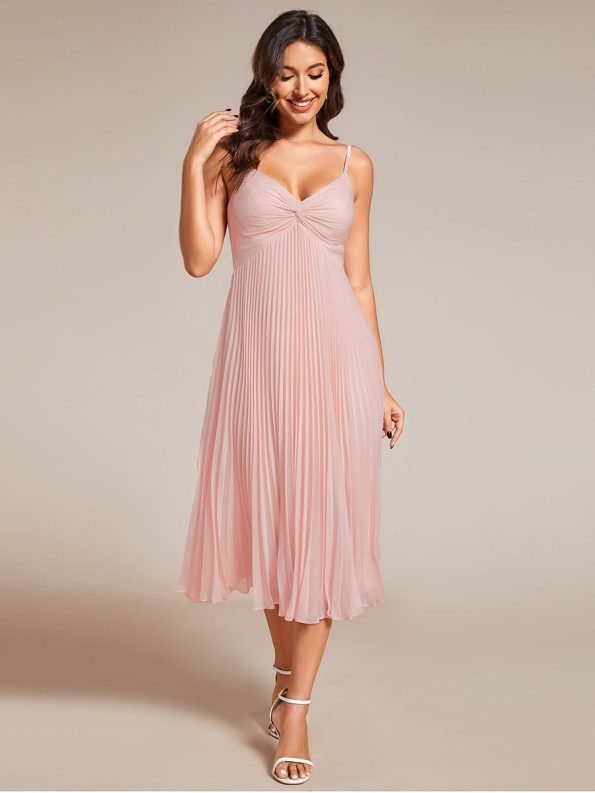 Midi Tiered Pleated V-Neck Wedding Guest Dress Featuring Spaghetti Straps - Pink