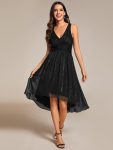 V-Neck High-Low Glitter Sleeveless Wedding Guest Dress with Pleated – Black