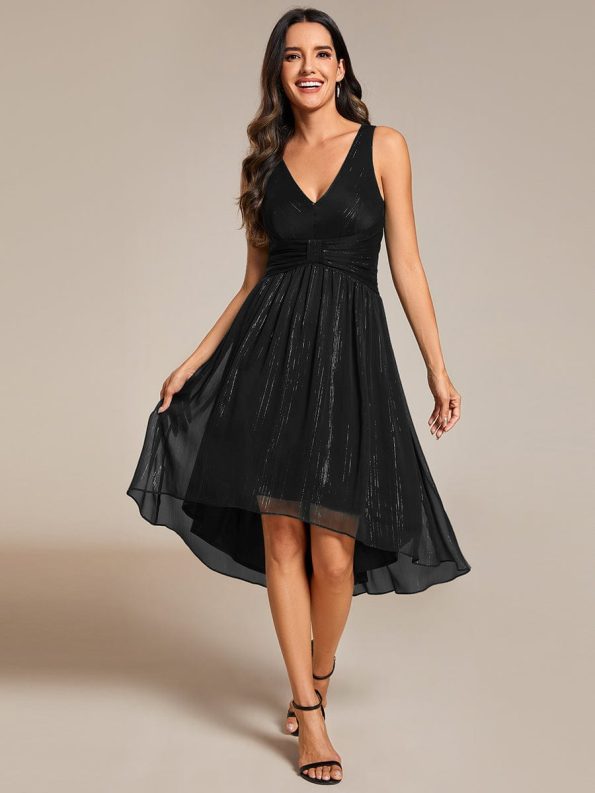 V-Neck High-Low Glitter Sleeveless Wedding Guest Dress with Pleated - Black