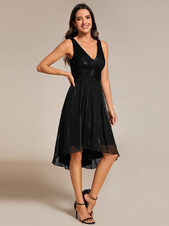 V-Neck High-Low Glitter Sleeveless Wedding Guest Dress with Pleated - Black