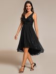 V-Neck High-Low Glitter Sleeveless Wedding Guest Dress with Pleated – Black