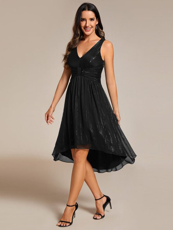 V-Neck High-Low Glitter Sleeveless Wedding Guest Dress with Pleated - Black