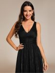 V-Neck High-Low Glitter Sleeveless Wedding Guest Dress with Pleated – Black