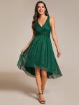 V-Neck High-Low Glitter Sleeveless Wedding Guest Dress with Pleated – Dark Green