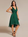 V-Neck High-Low Glitter Sleeveless Wedding Guest Dress with Pleated – Dark Green